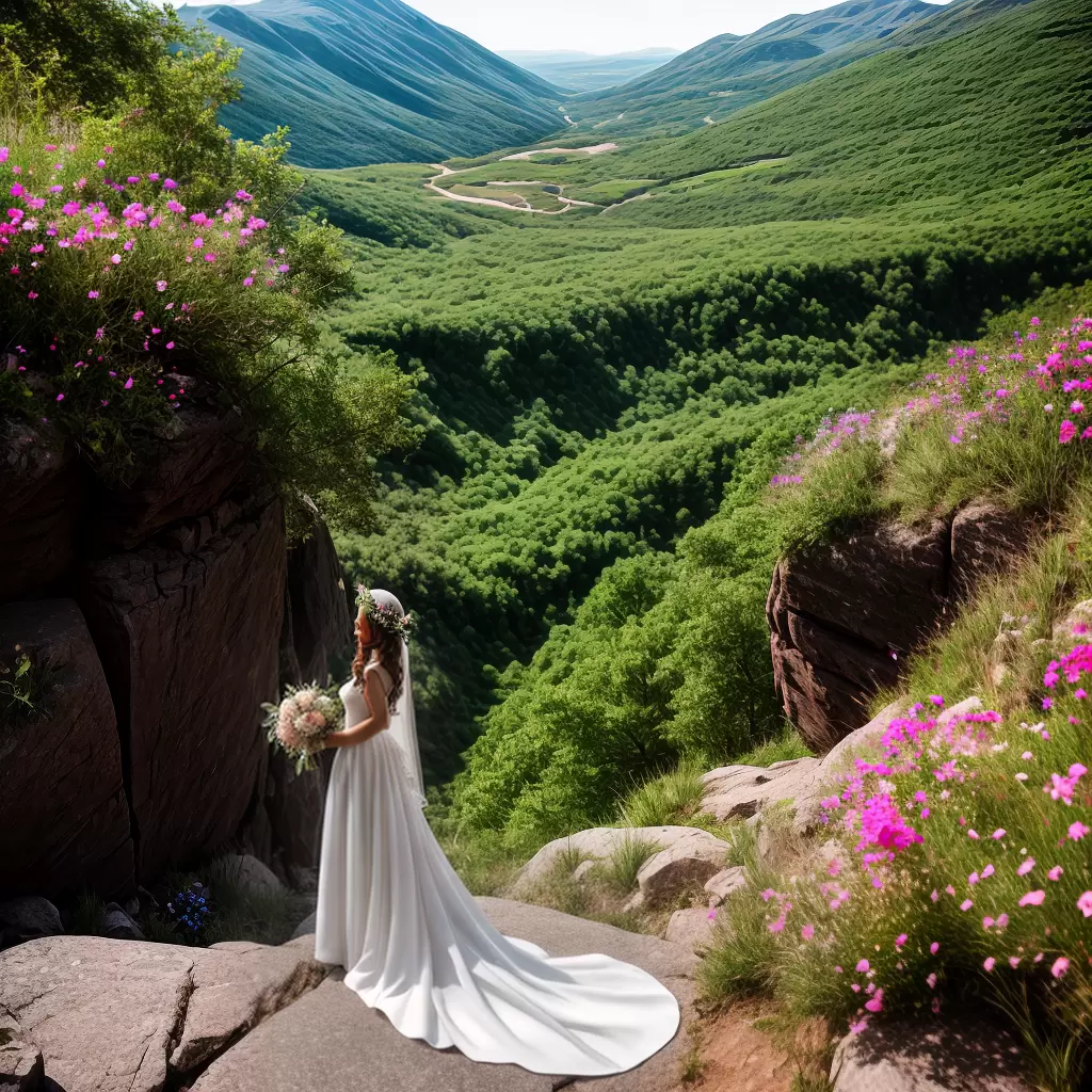 Fotos de Novia Vestido De Encaje De Montaña Ramo De Flores